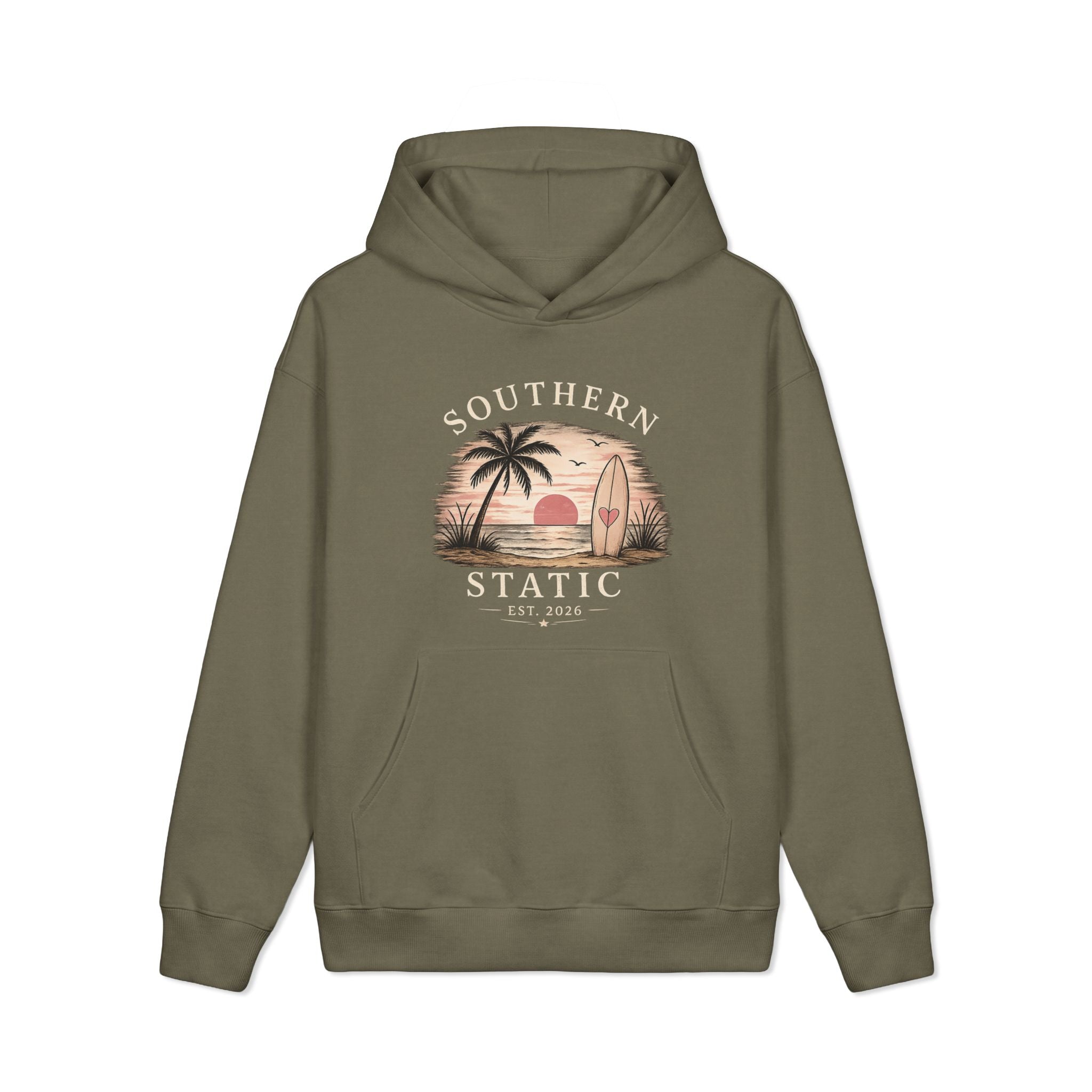 Surf Sunset Hoodie — Vintage Palm Beach Surfboard Graphic