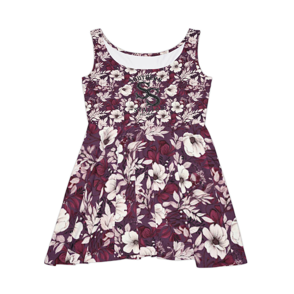 Floral Plum Skater Dress — Vintage White Hibiscus Print