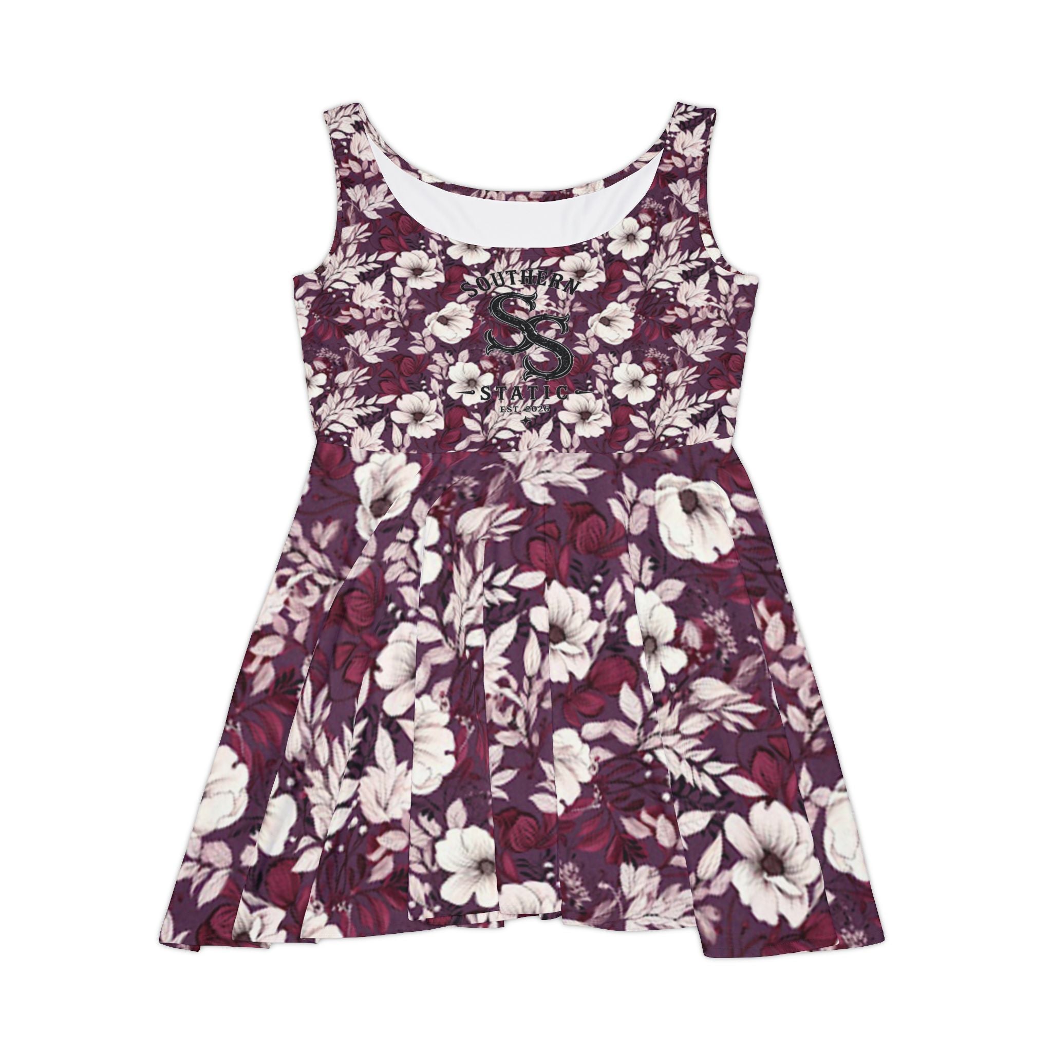 Floral Plum Skater Dress — Vintage White Hibiscus Print