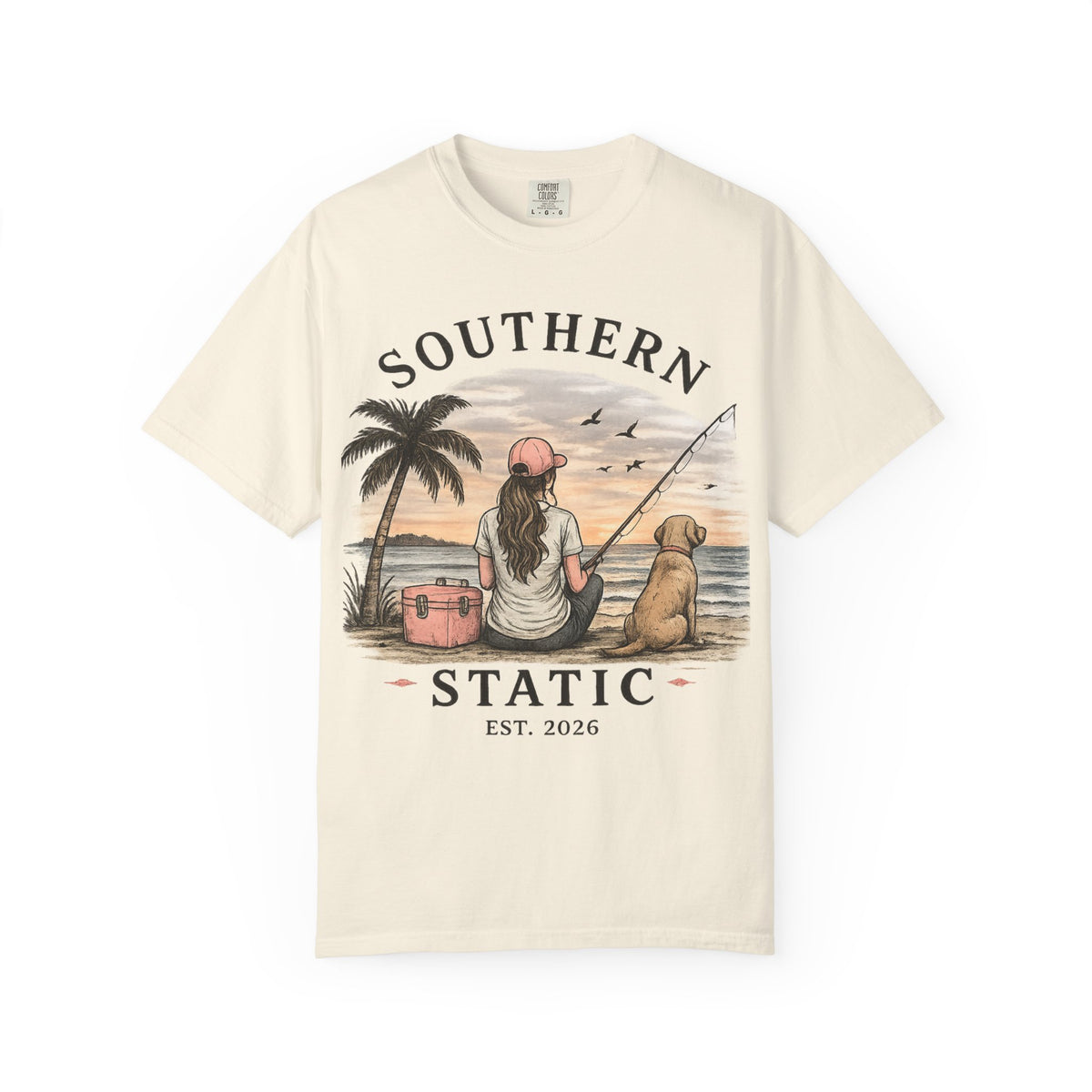 Southern Static Fishing T-Shirt — Woman & Dog Beach Sunset Tee