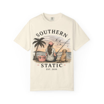 Southern Static Fishing T-Shirt — Woman & Dog Beach Sunset Tee