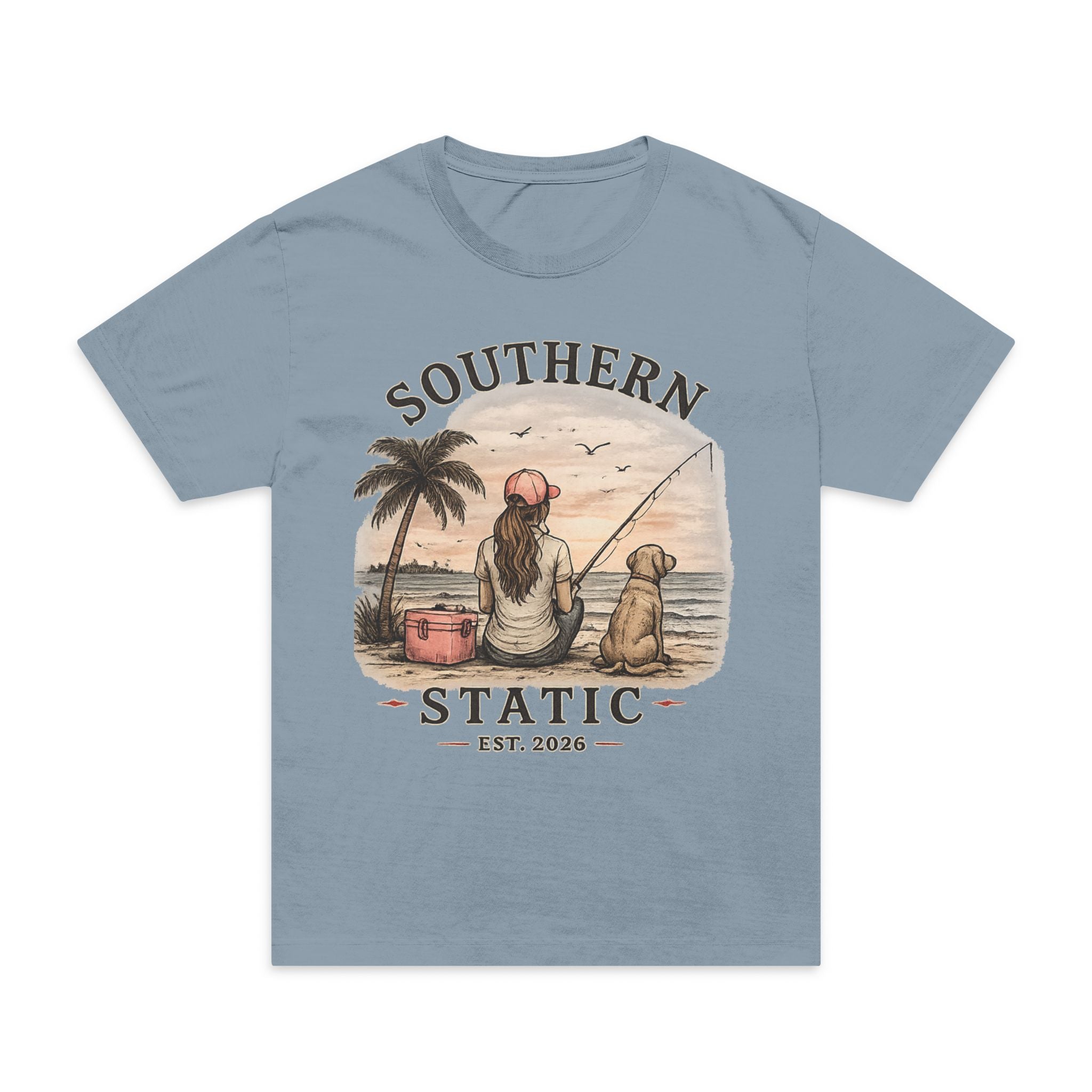 Girl’s Southern Static Fishing T-Shirt — Vintage Beach Sunset Tee (Est. 2013)