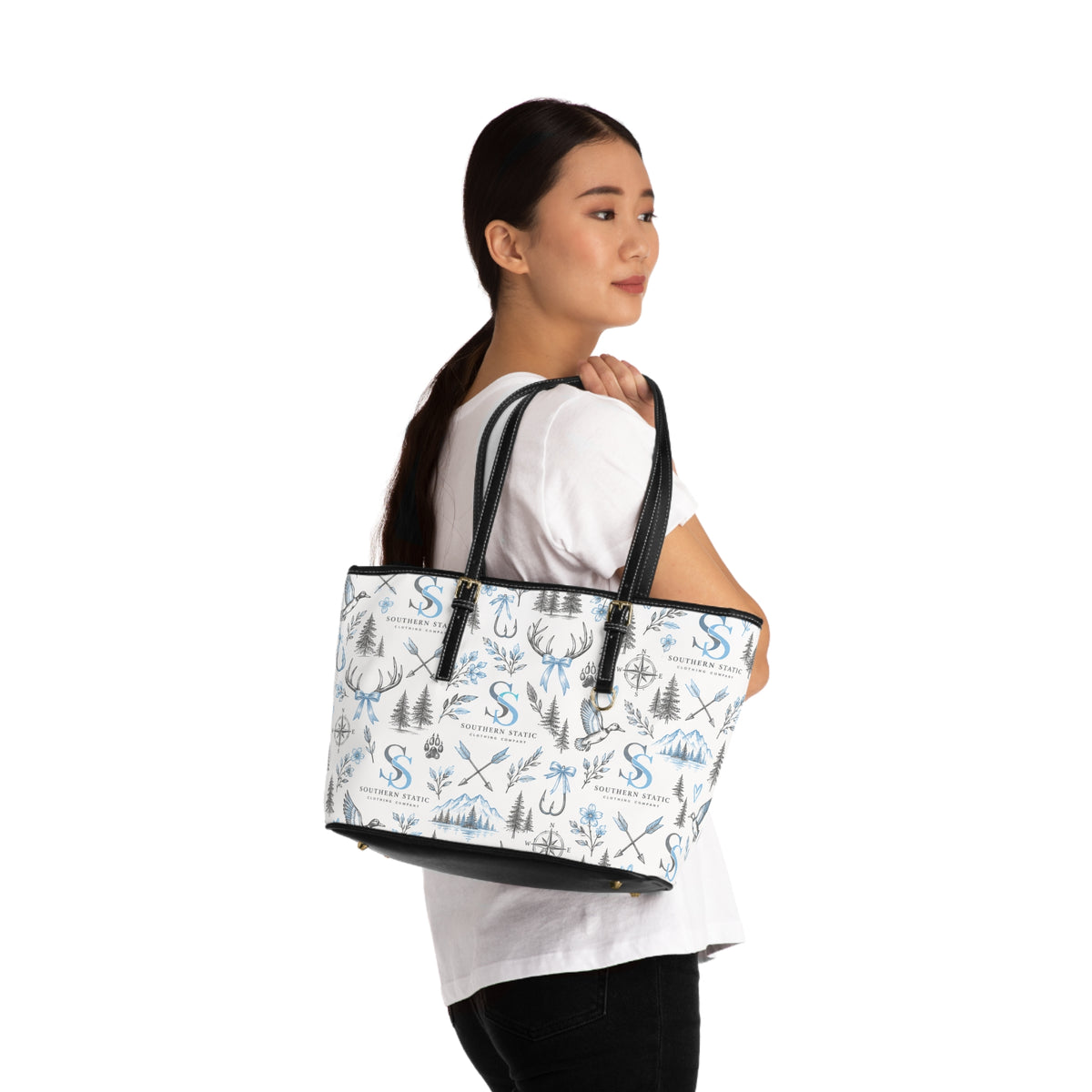 PU Leather Shoulder Bag — Outdoor Adventure Pattern Tote with Antlers, Trees & Compass