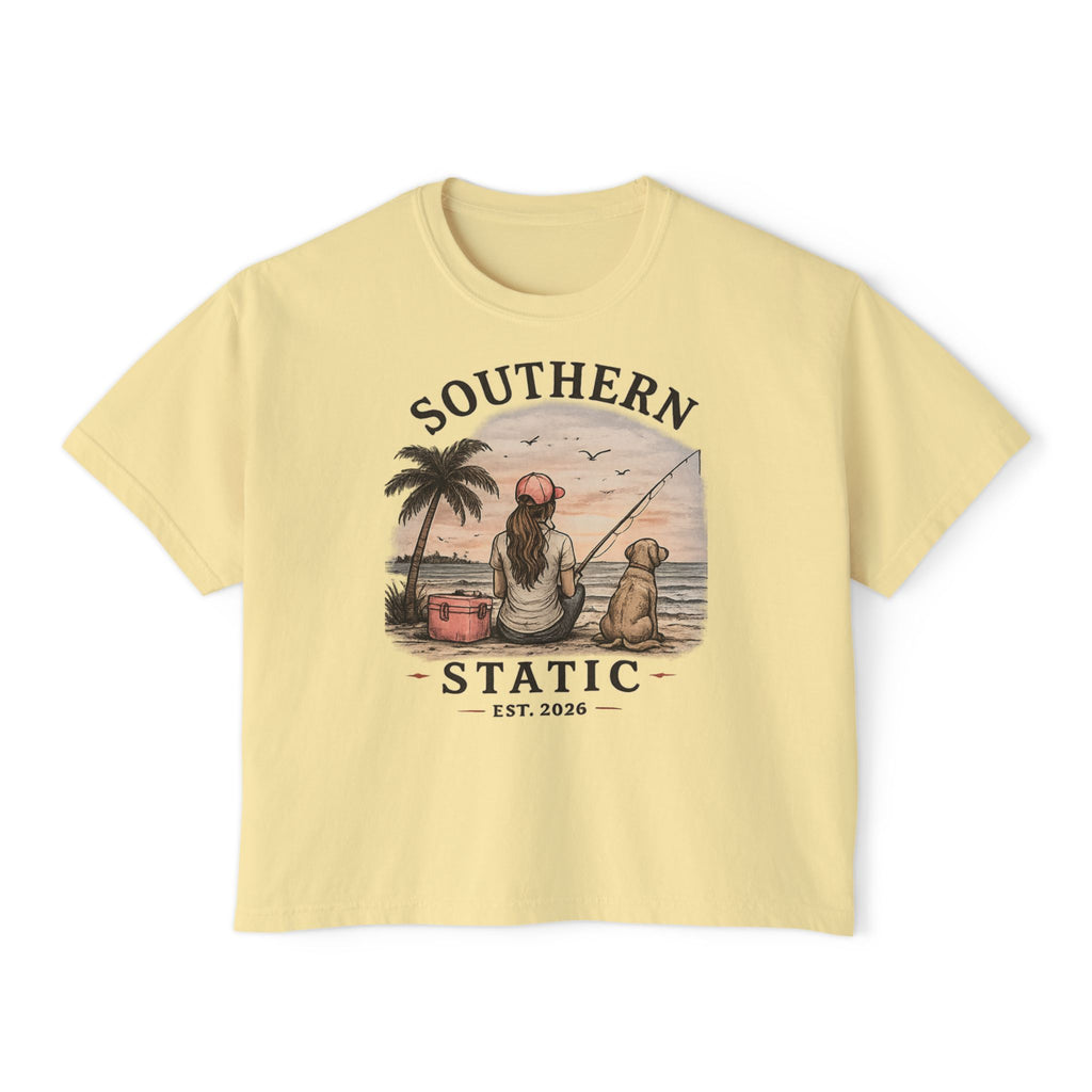 Southern Static Fishing Boxy Tee — Women's Beach Sunset Graphic T-Shirt