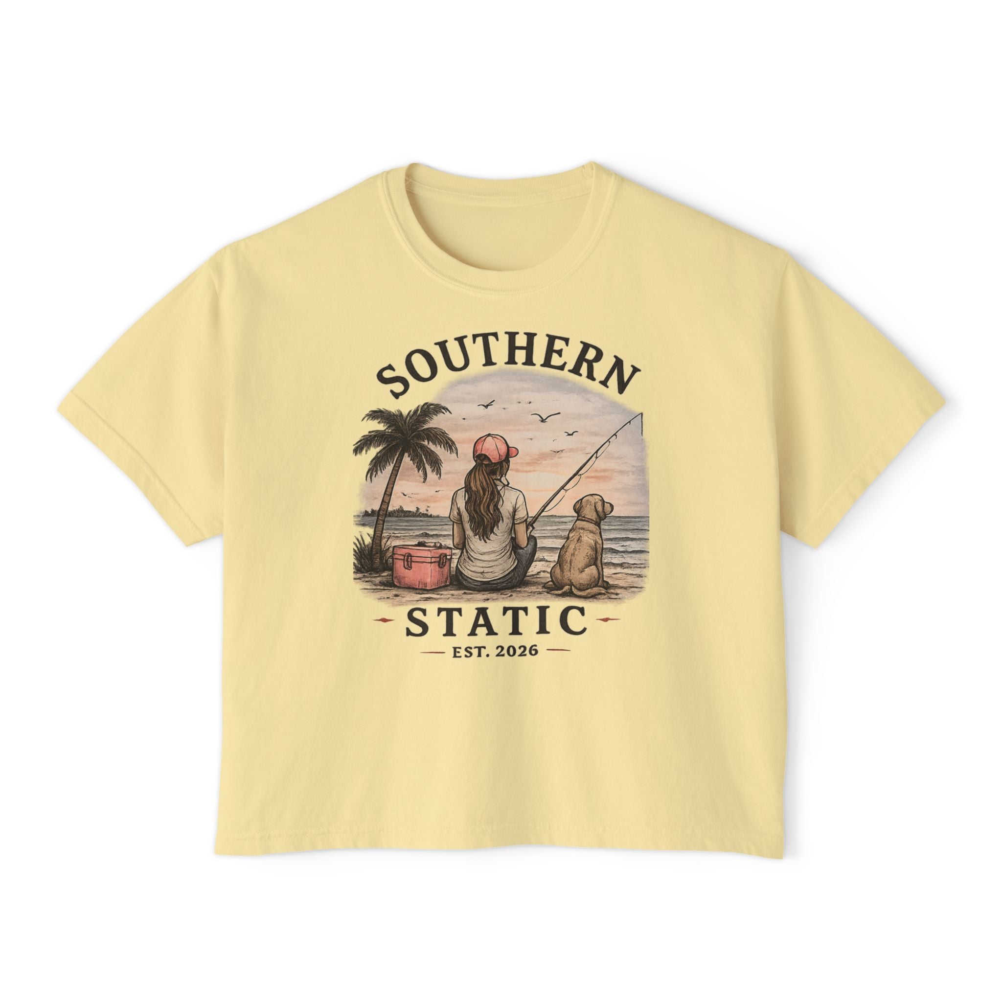 Southern Static Fishing Boxy Tee — Women's Beach Sunset Graphic T-Shirt