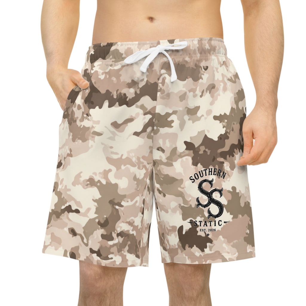 Camo Athletic Long Shorts — Desert Tan All-Over Print