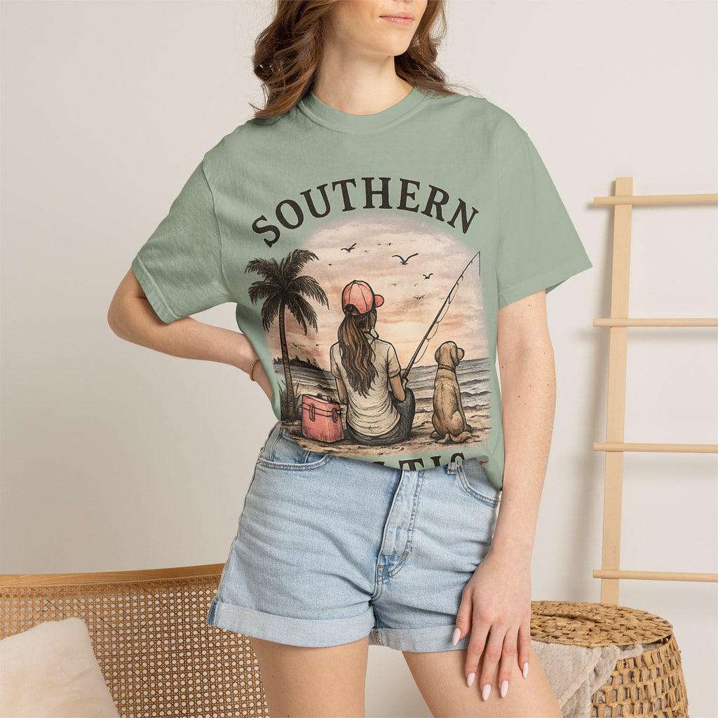 Southern Static Fishing T-Shirt — Woman & Dog Beach Sunset Tee
