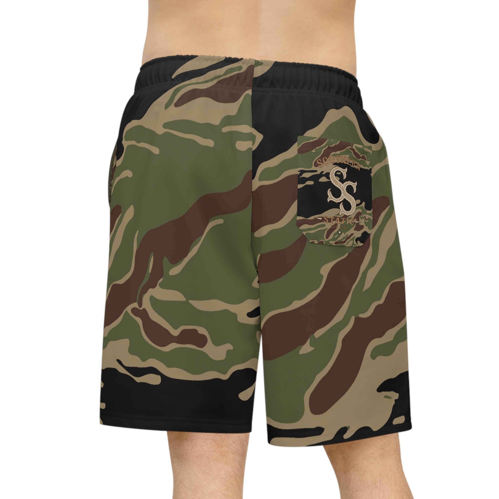 Camo Athletic Long Shorts — Tactical Tigerstripe Workout Shorts