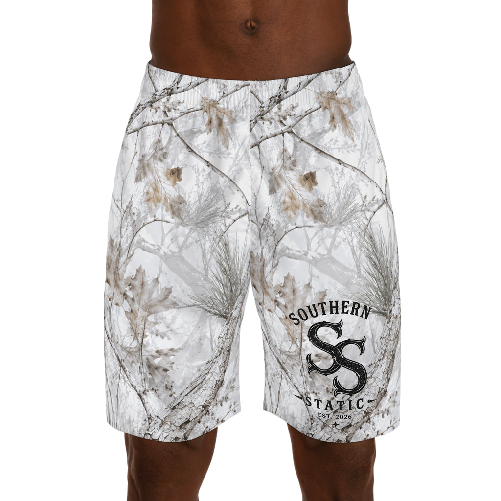 Winter Snow Camo Jogger Shorts — White Forest All-Over Print