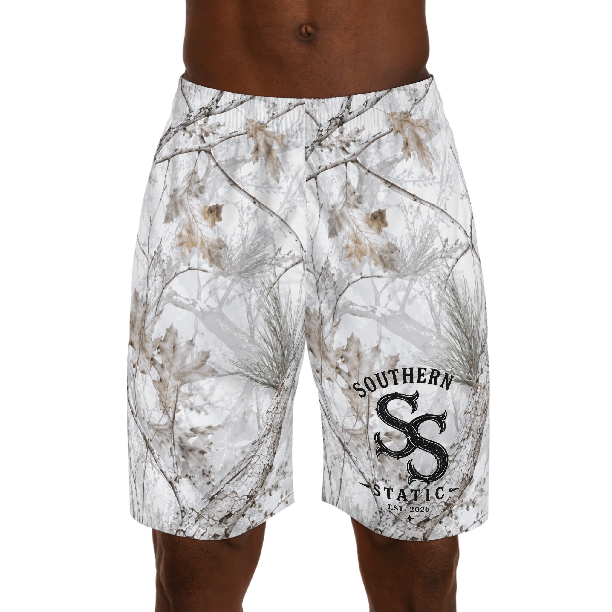 Winter Snow Camo Jogger Shorts — White Forest All-Over Print