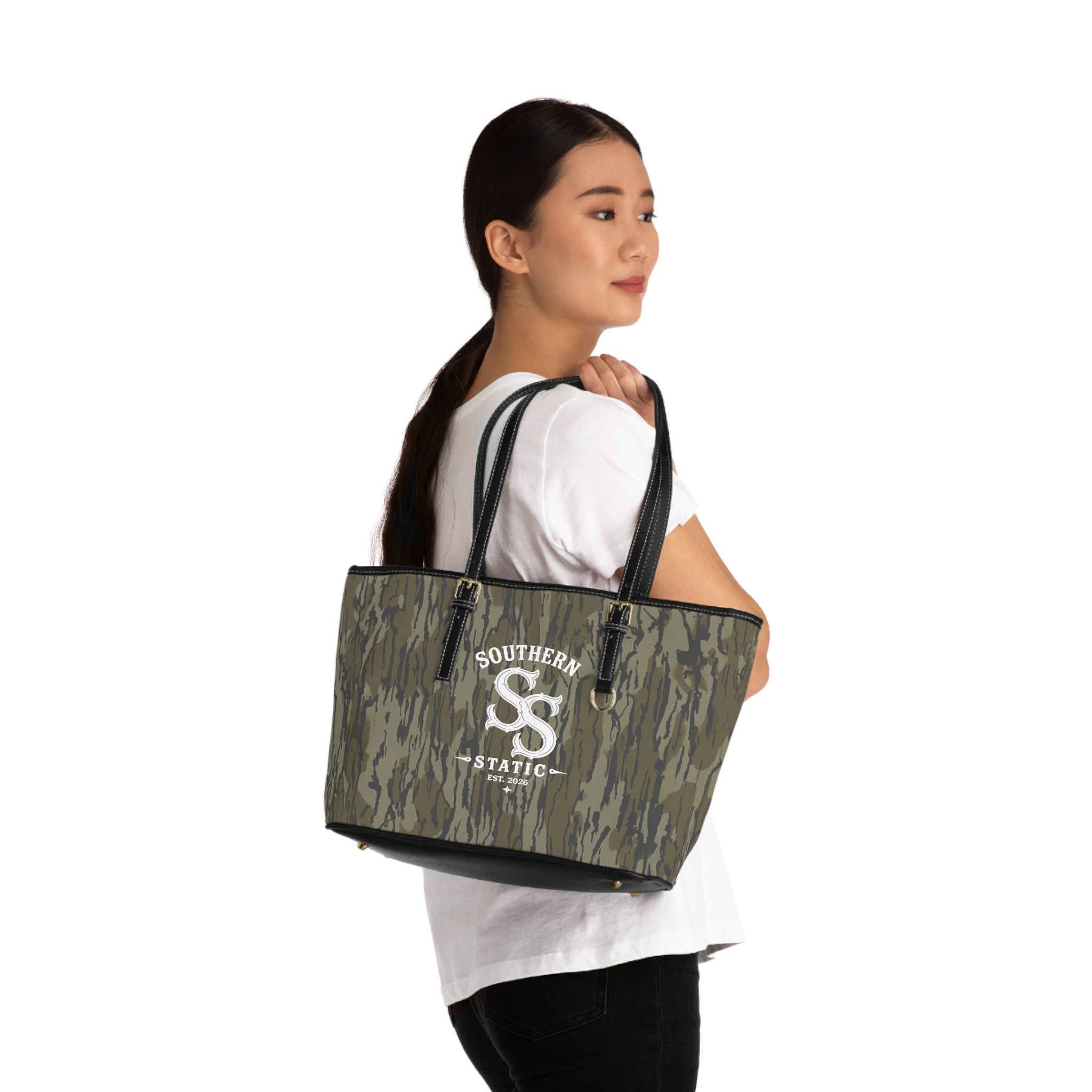 Camo PU Leather Shoulder Bag — Southern Static Logo Tote