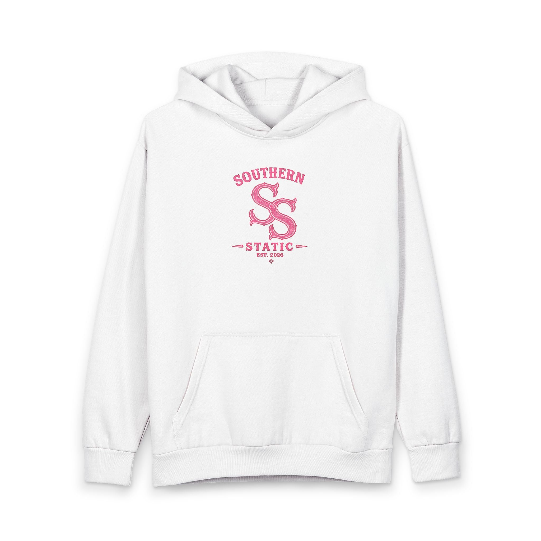 Southern Static Logo Hoodie — Retro Pink Chest Graphic Pullover