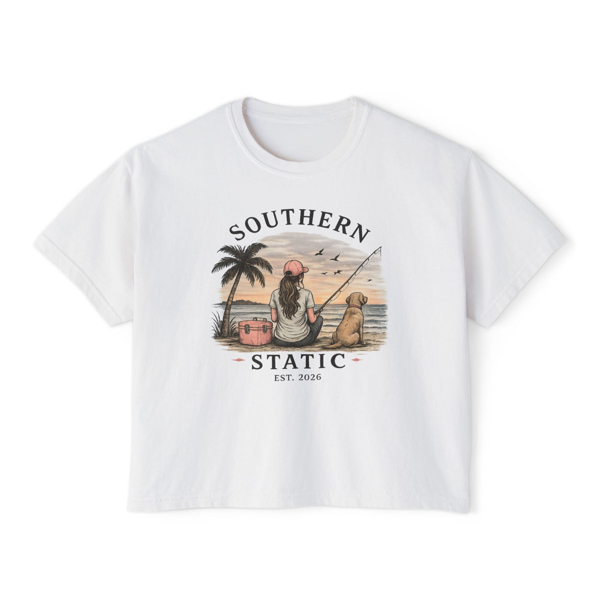 Southern Static Fishing Boxy Tee — Women's Beach Sunset Graphic T-Shirt