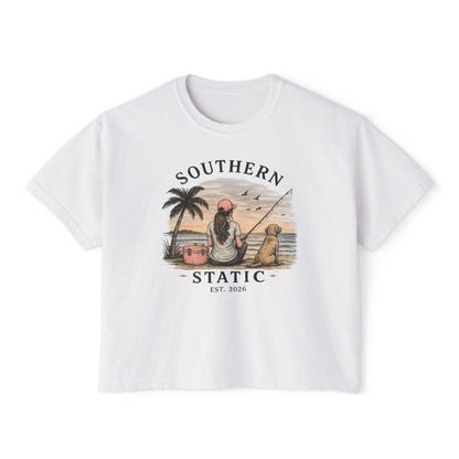 Southern Static Fishing Boxy Tee — Women's Beach Sunset Graphic T-Shirt