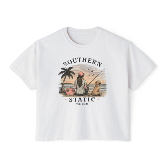 Southern Static Fishing Boxy Tee — Women's Beach Sunset Graphic T-Shirt