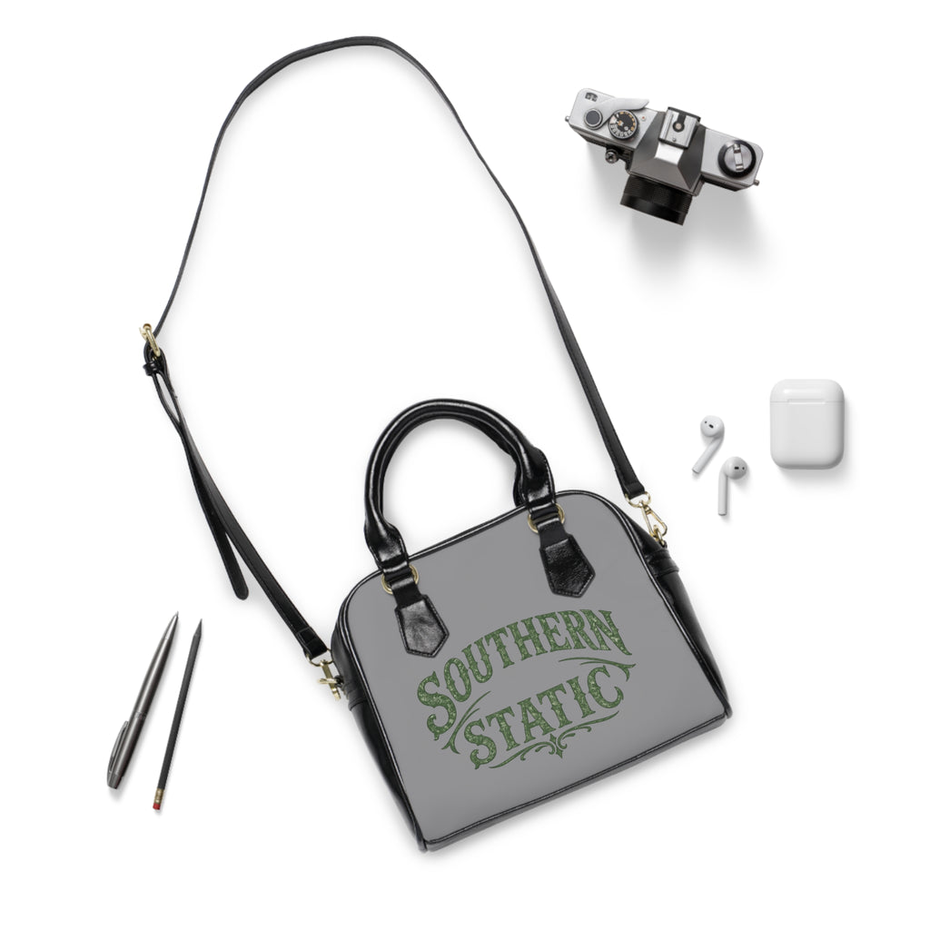 Southern Static Shoulder Handbag | Vintage Script Logo, White & Black Accent