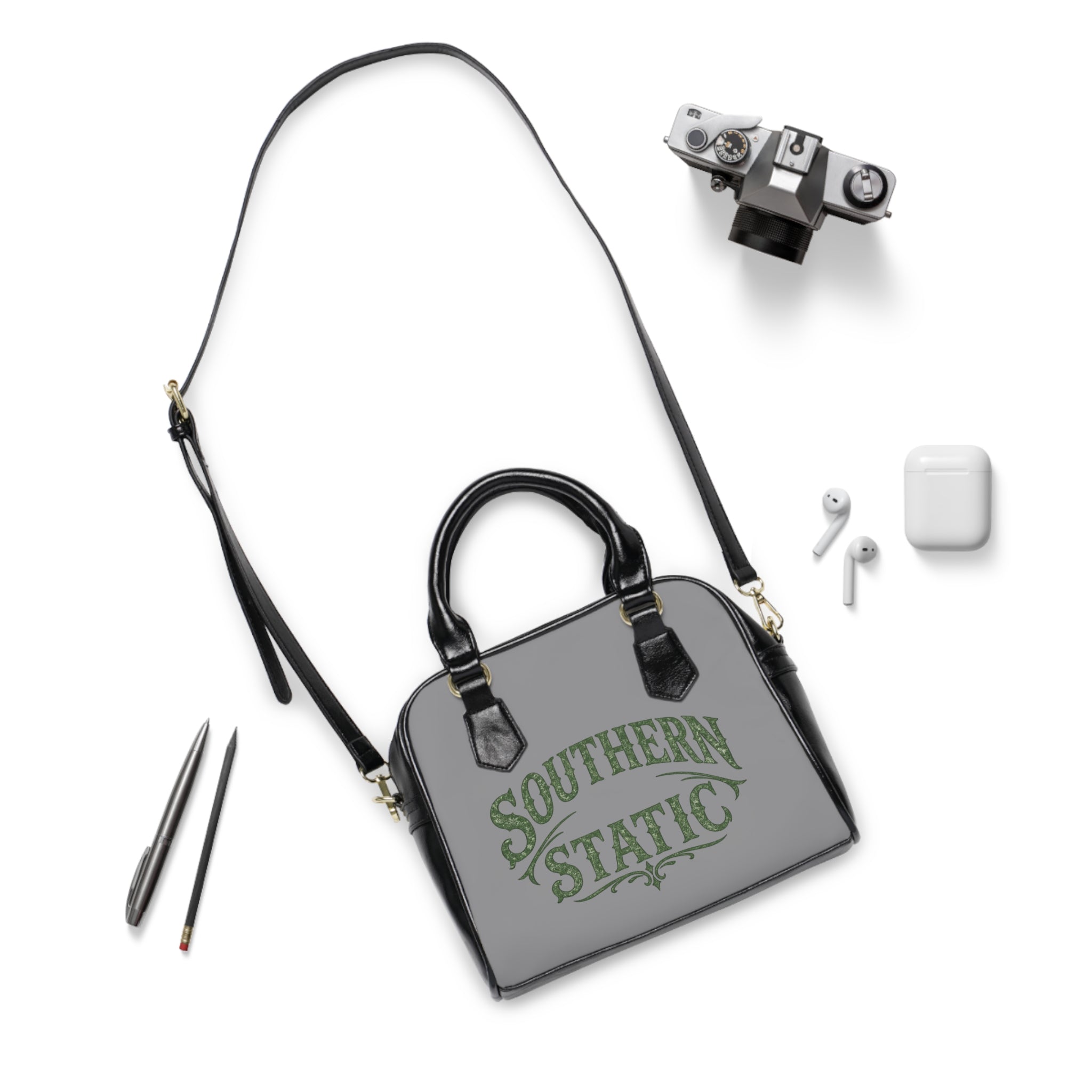 Southern Static Shoulder Handbag | Vintage Script Logo, White & Black Accent
