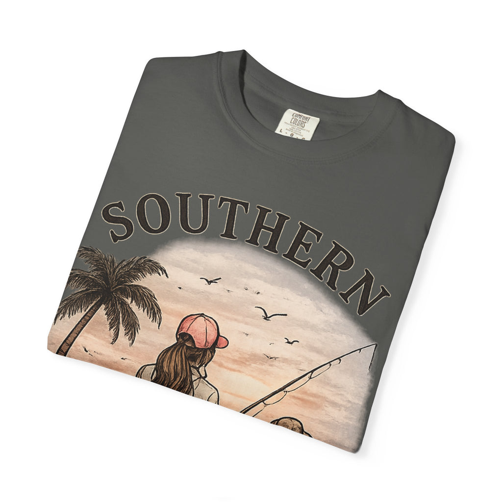 Southern Static Fishing T-Shirt — Woman & Dog Beach Sunset Tee