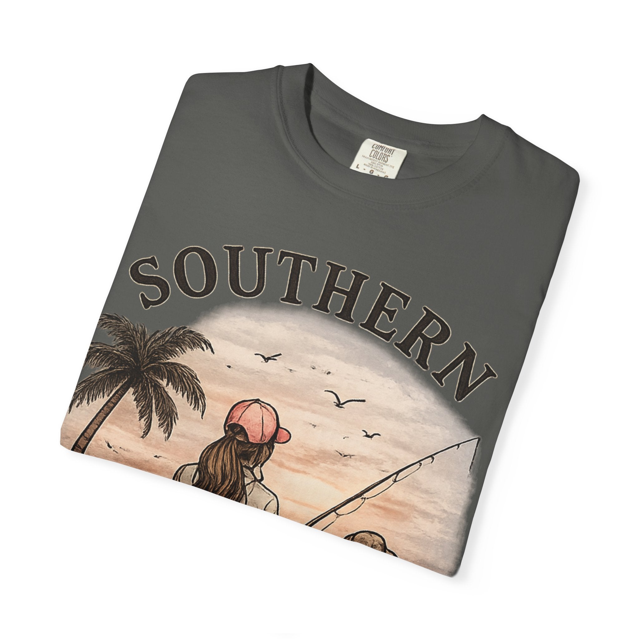 Southern Static Fishing T-Shirt — Woman & Dog Beach Sunset Tee