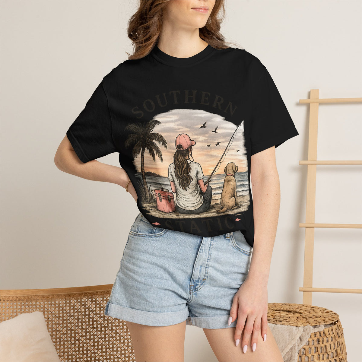 Southern Static Fishing T-Shirt — Woman & Dog Beach Sunset Tee