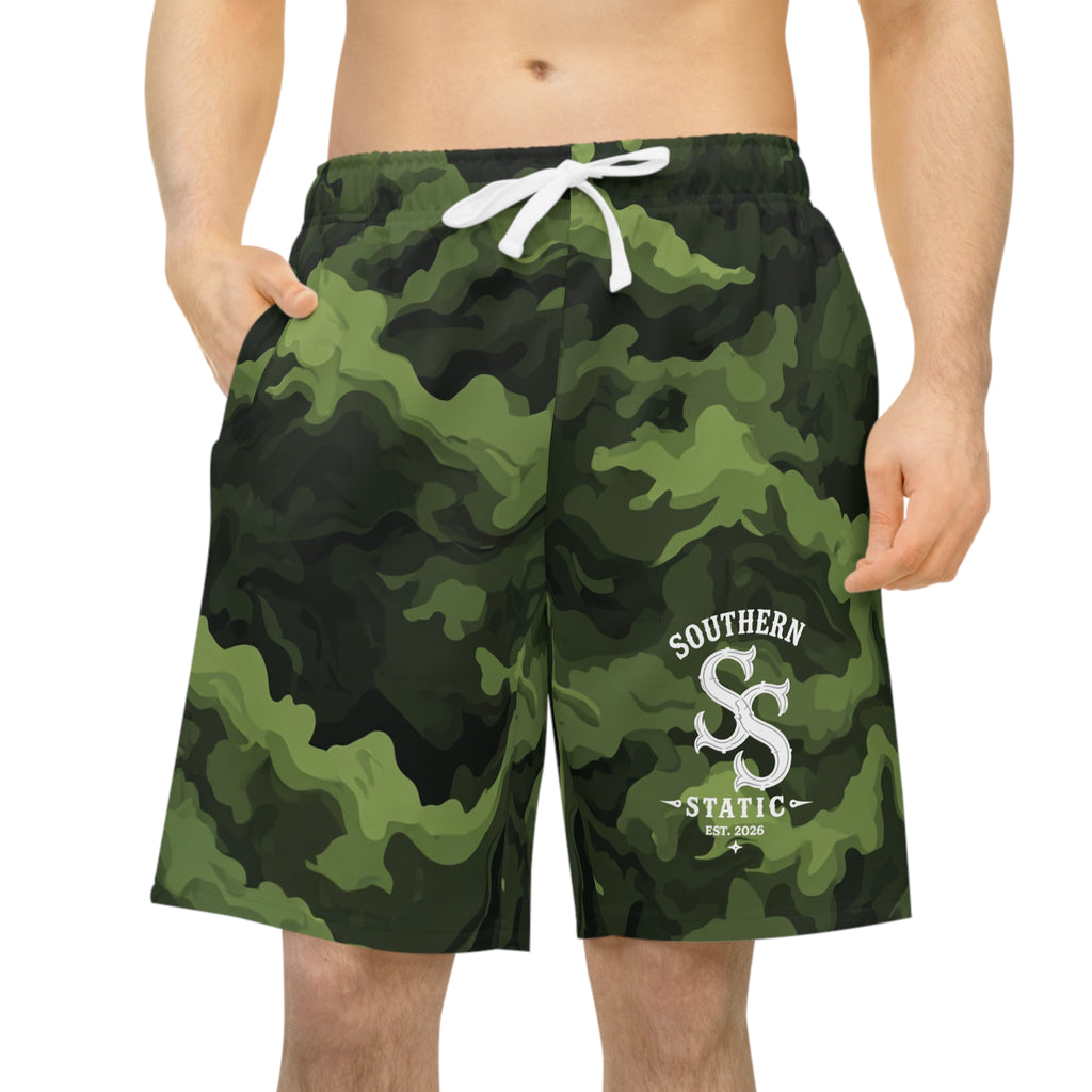 Camo Athletic Long Shorts — Green Urban Camouflage Gym & Casual Swim Trunks