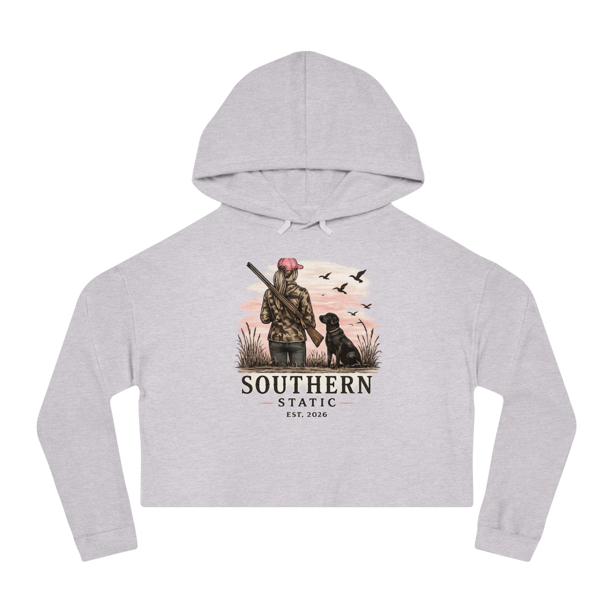 Cropped Hoodie — Southern Static Duck Hunter Graphic (Woman & Dog)
