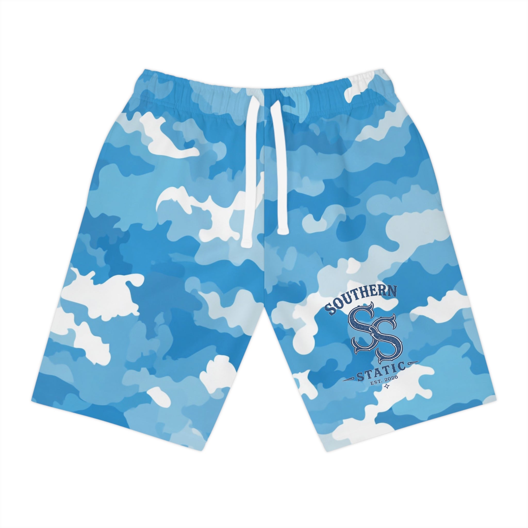 Blue Camo Athletic Long Shorts — Half-Print Performance Shorts