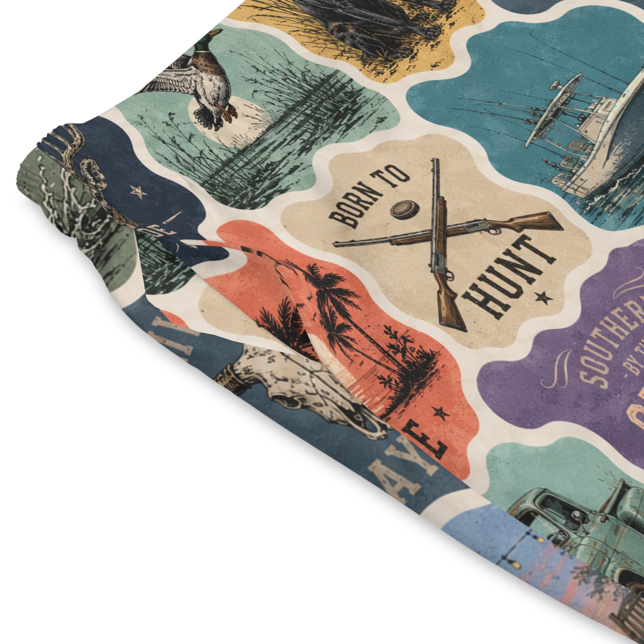 Men's Beach Shorts — Vintage Outdoor Badge Print (Born to Hunt, Southern Grace)