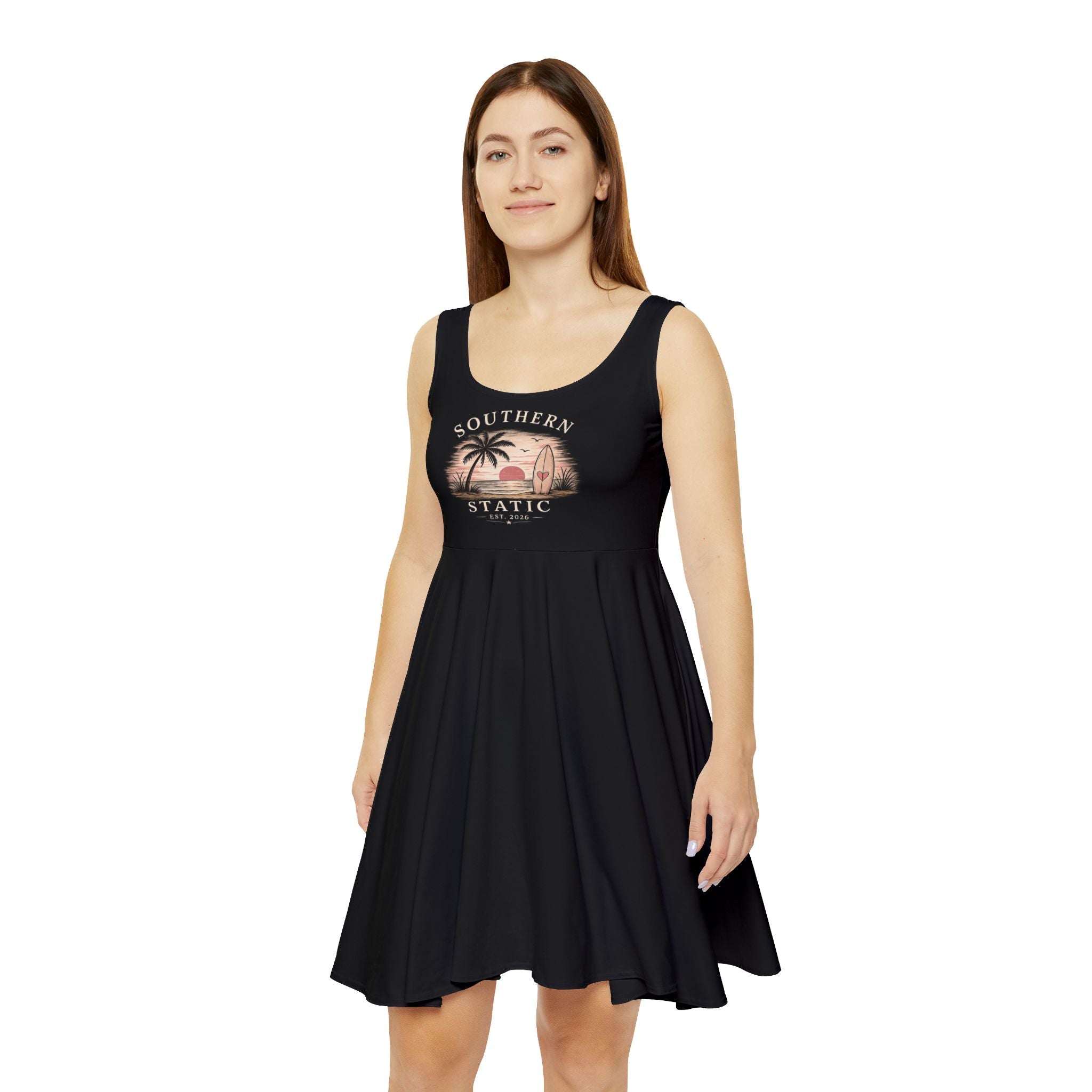 Retro Palm Sunset Skater Dress — Women's Beach Graphic AOP