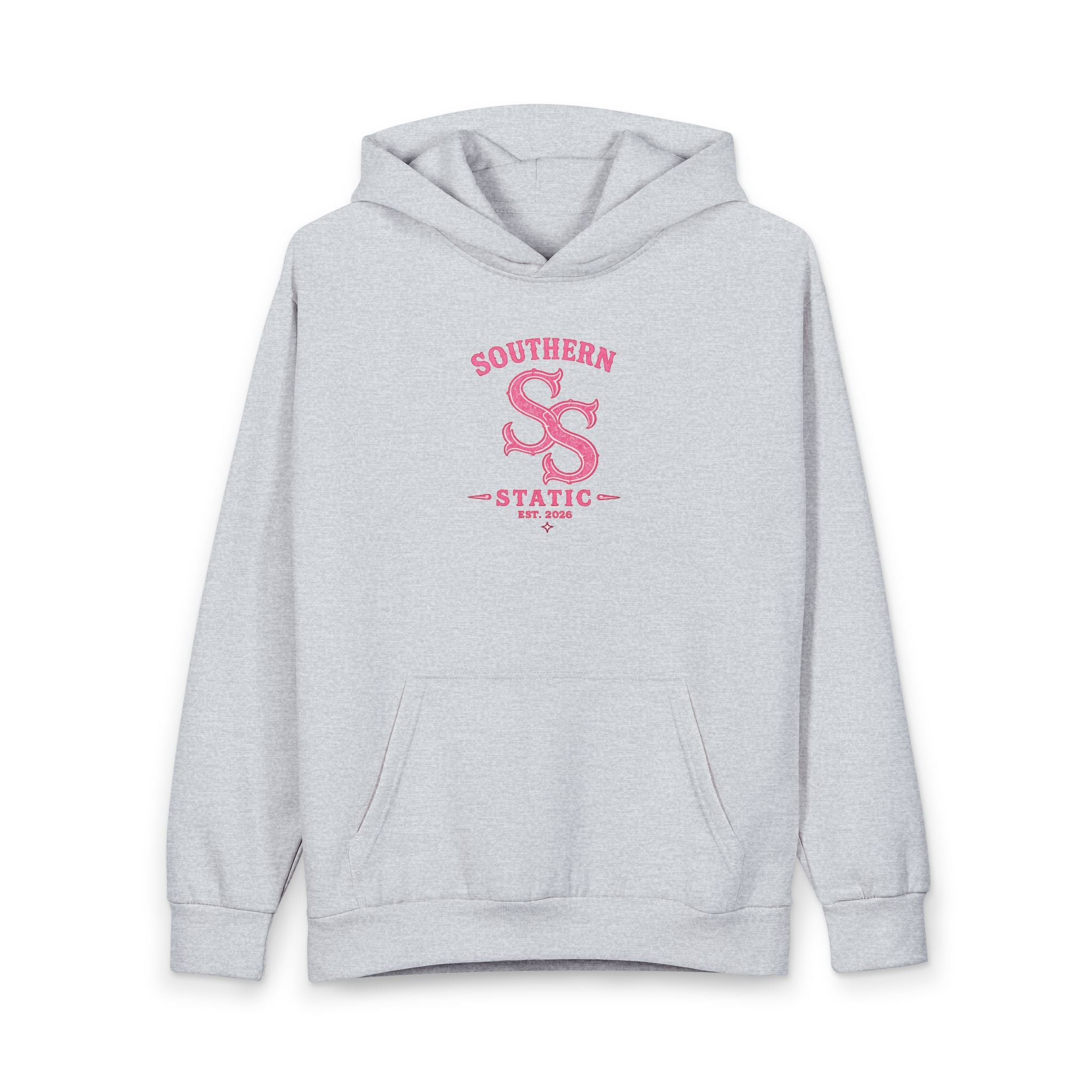 Southern Static Logo Hoodie — Retro Pink Chest Graphic Pullover