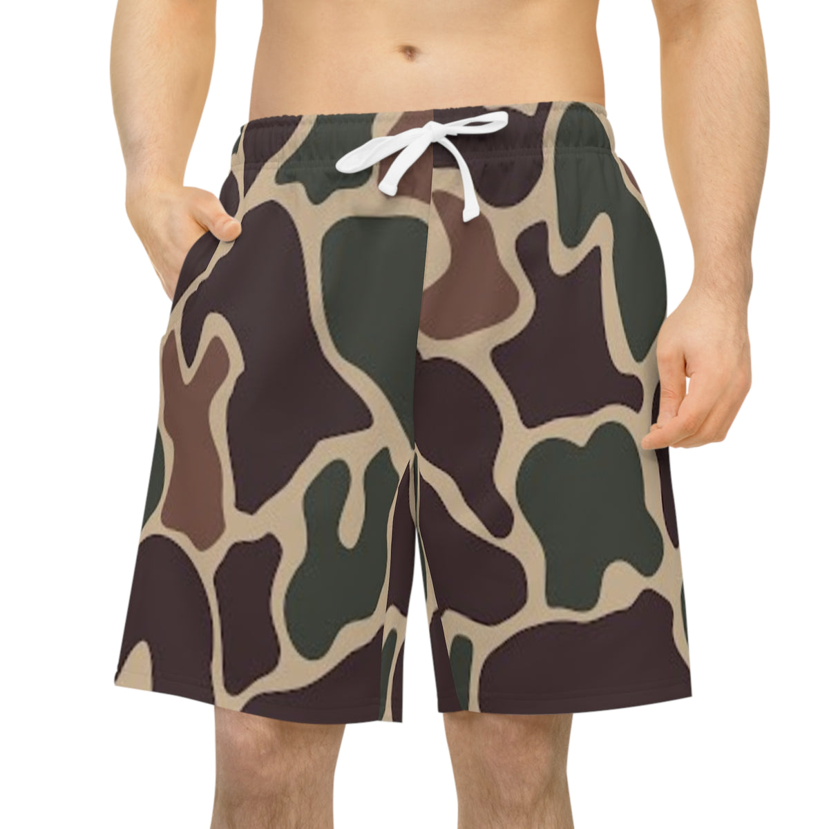 Camo Athletic Long Shorts — Brown Green All-Over Print Workout Shorts