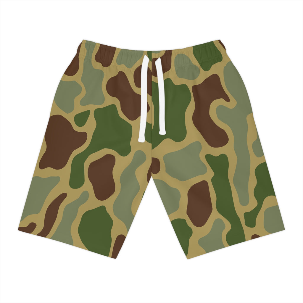 Camo Athletic Long Shorts — Green Woodland Camouflage Performance Shorts