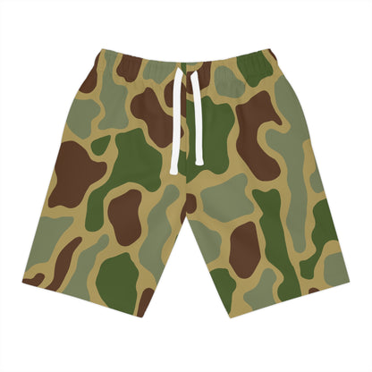 Camo Athletic Long Shorts — Green Woodland Camouflage Performance Shorts