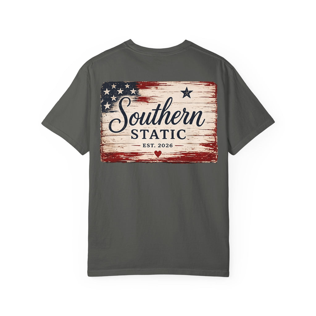 Women’s Southern Static Patriotic T-Shirt — Rustic American Flag Tee (Est. 2026)