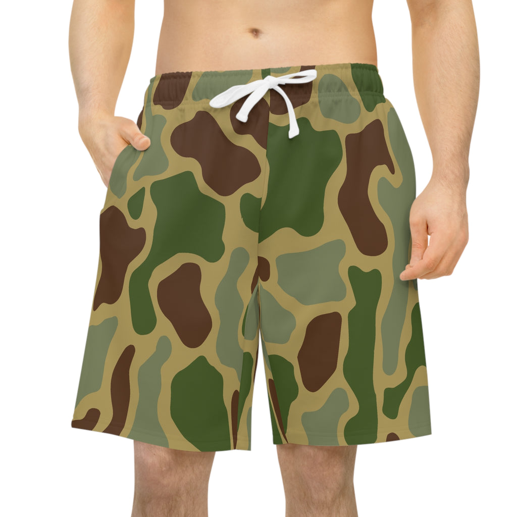 Camo Athletic Long Shorts — Green Woodland Camouflage Performance Shorts