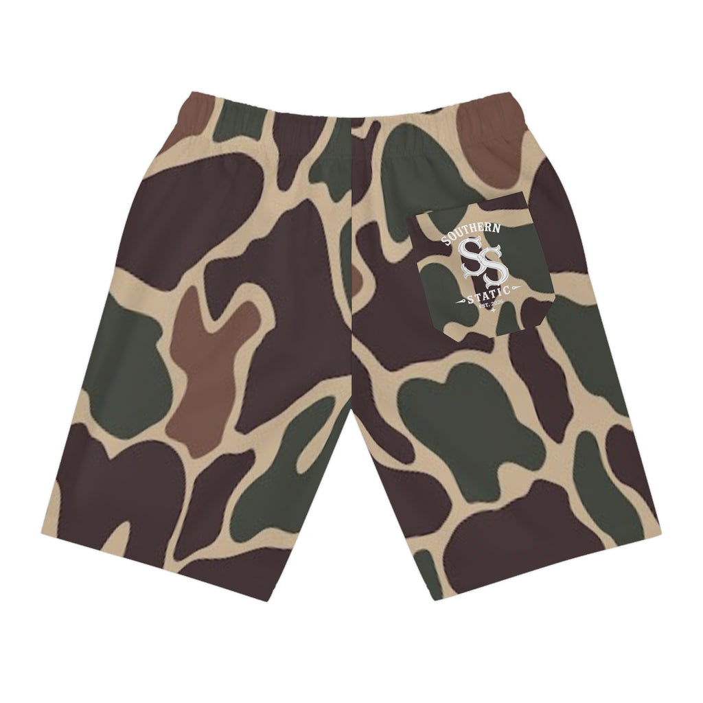 Camo Athletic Long Shorts — Brown Green All-Over Print Workout Shorts