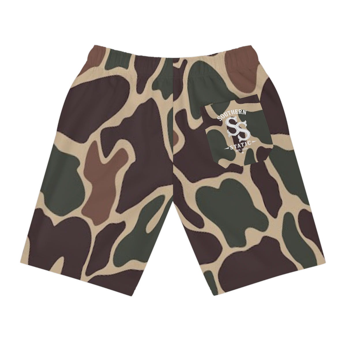 Camo Athletic Long Shorts — Brown Green All-Over Print Workout Shorts