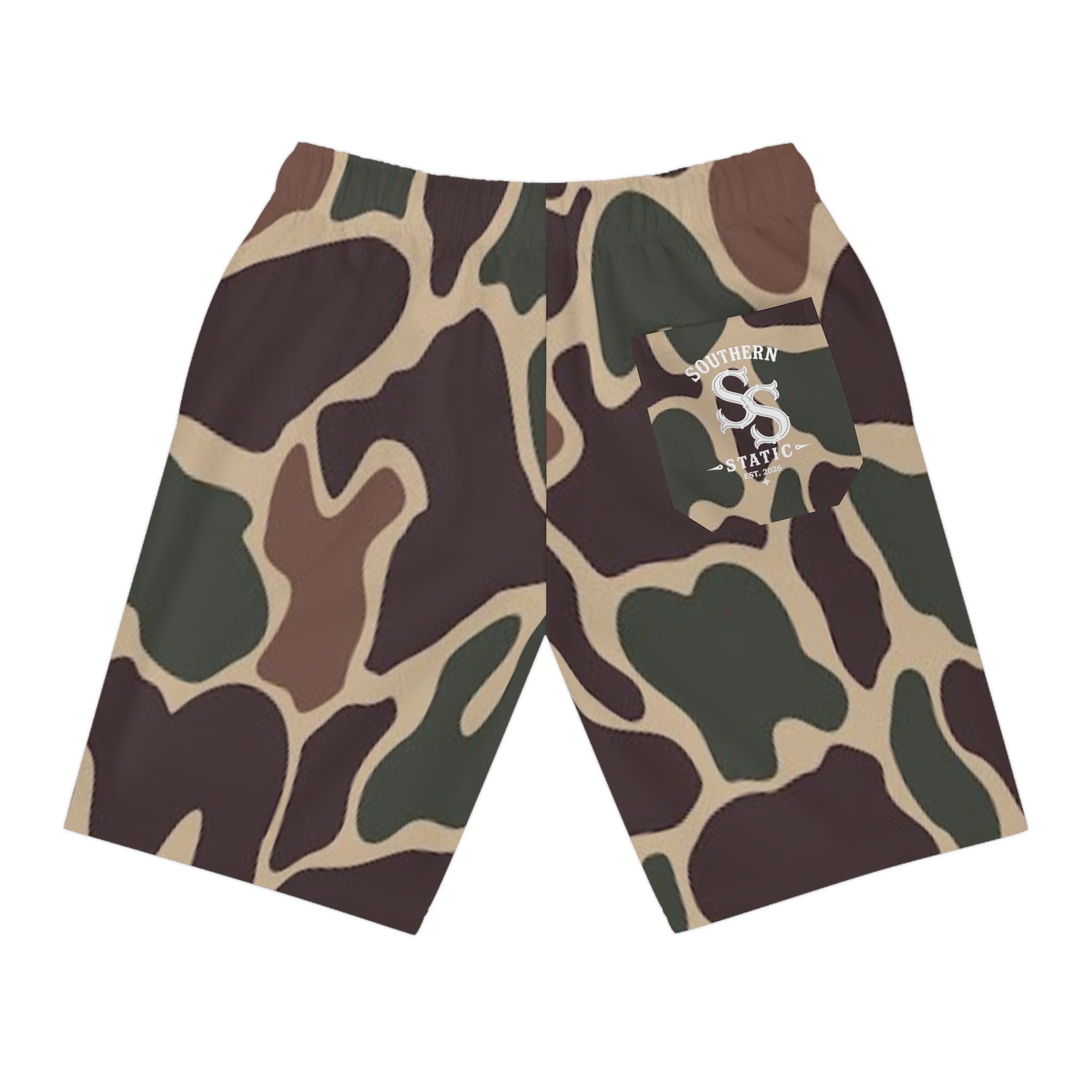 Camo Athletic Long Shorts — Brown Green All-Over Print Workout Shorts