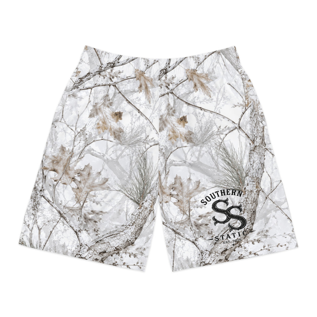 Winter Snow Camo Jogger Shorts — White Forest All-Over Print