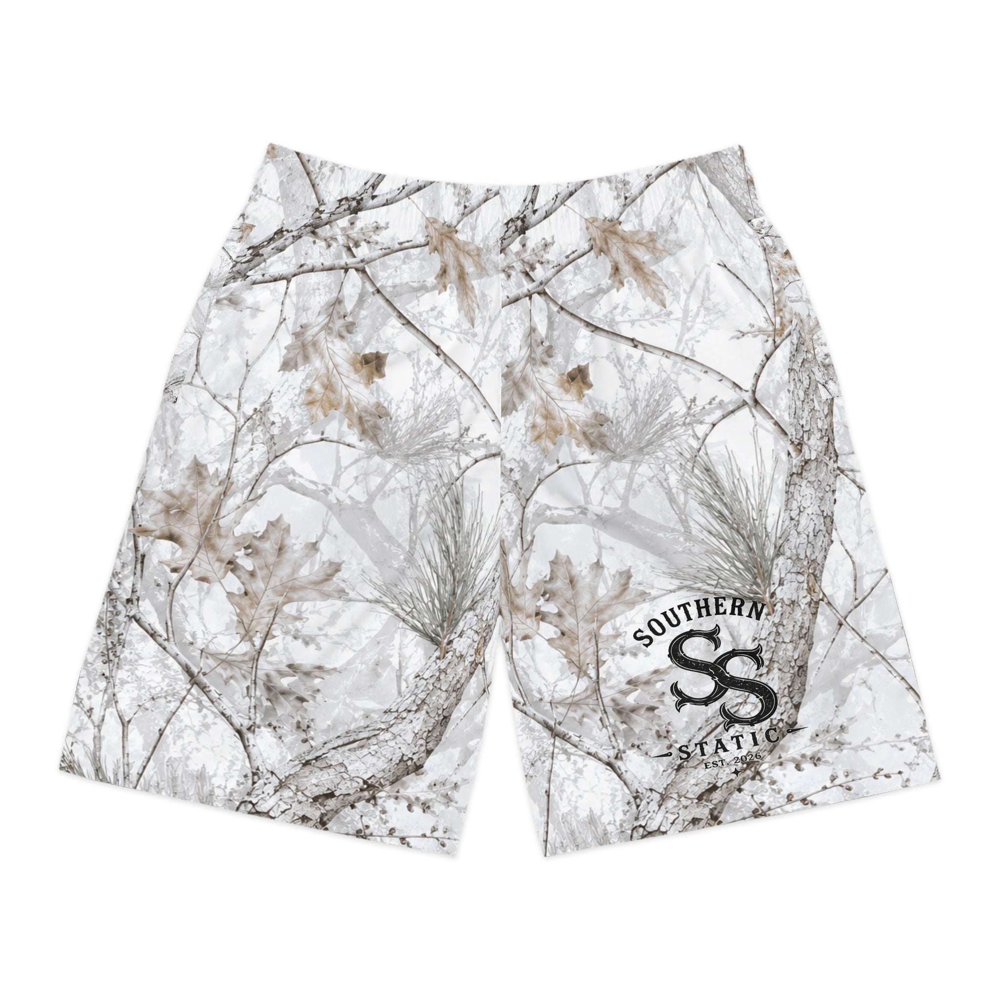 Winter Snow Camo Jogger Shorts — White Forest All-Over Print