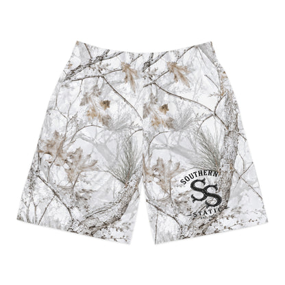 Winter Snow Camo Jogger Shorts — White Forest All-Over Print