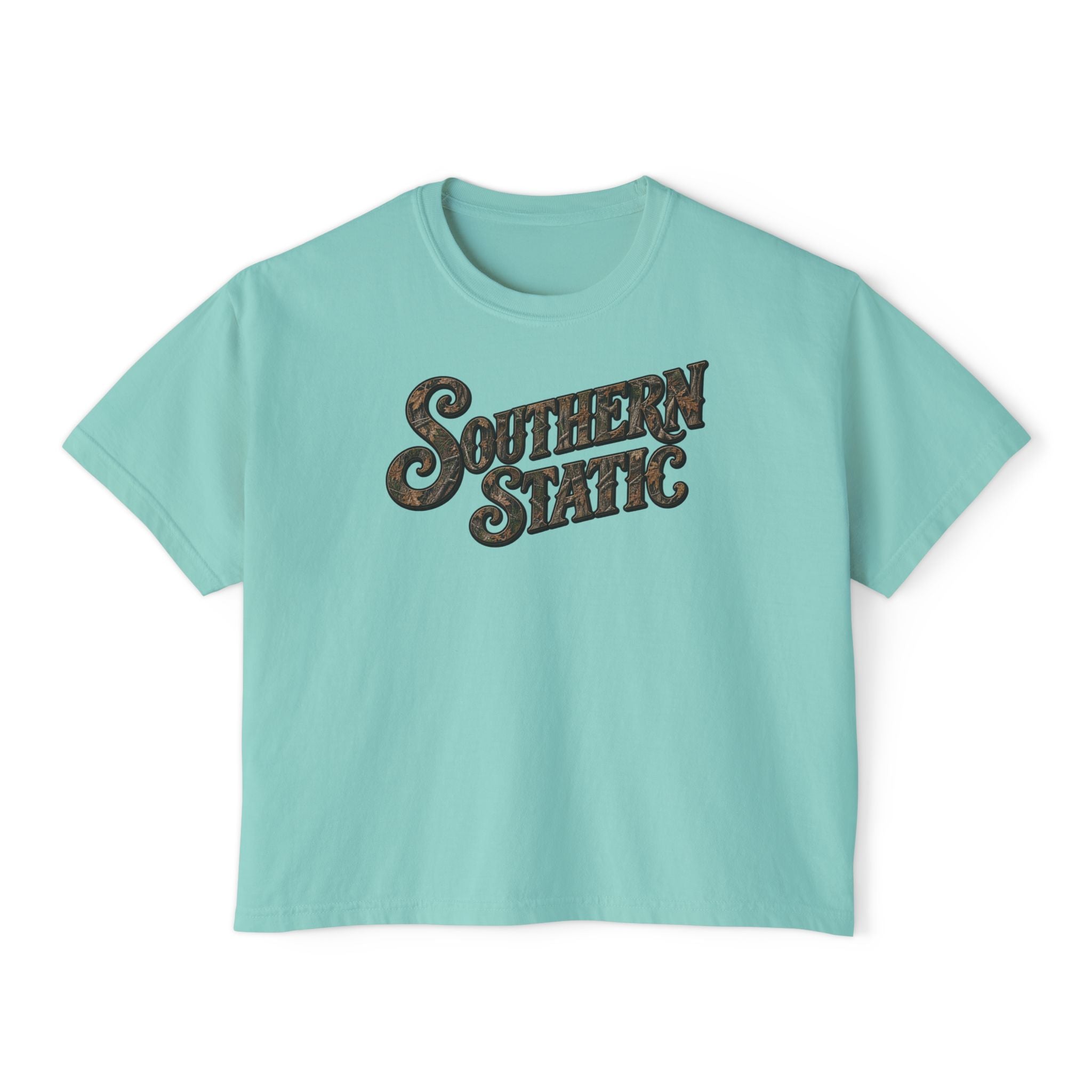 Southern Static Women's Boxy Tee – Retro Camo Script Logo