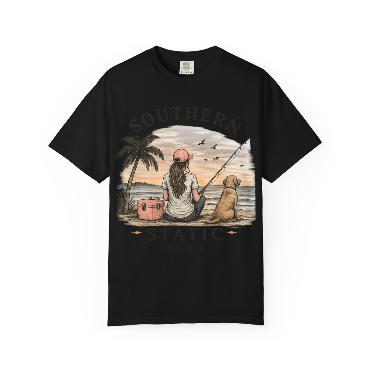 Southern Static Fishing T-Shirt — Woman & Dog Beach Sunset Tee