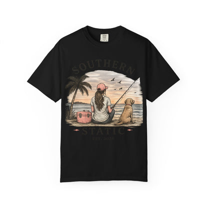 Southern Static Fishing T-Shirt — Woman & Dog Beach Sunset Tee