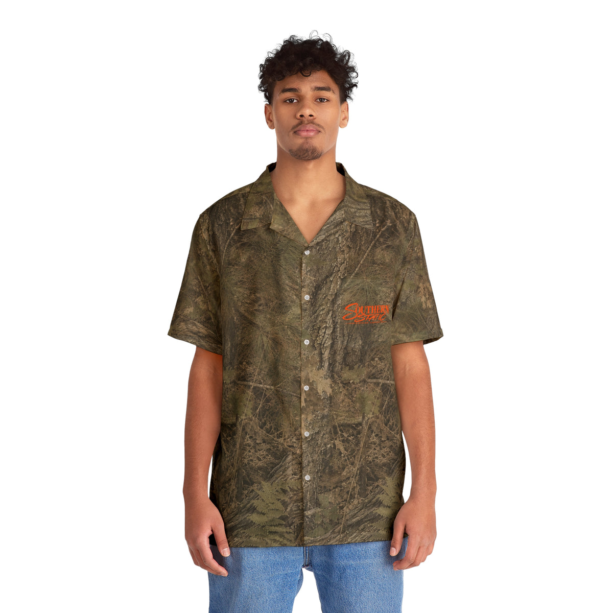 Camo Hawaiian Shirt — "Southern Static" Logo Button-Up