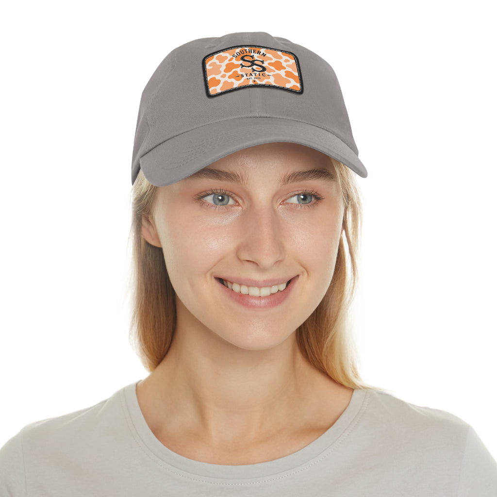 Leather Patch Dad Hat — Southern Static Monogram on Orange Camo