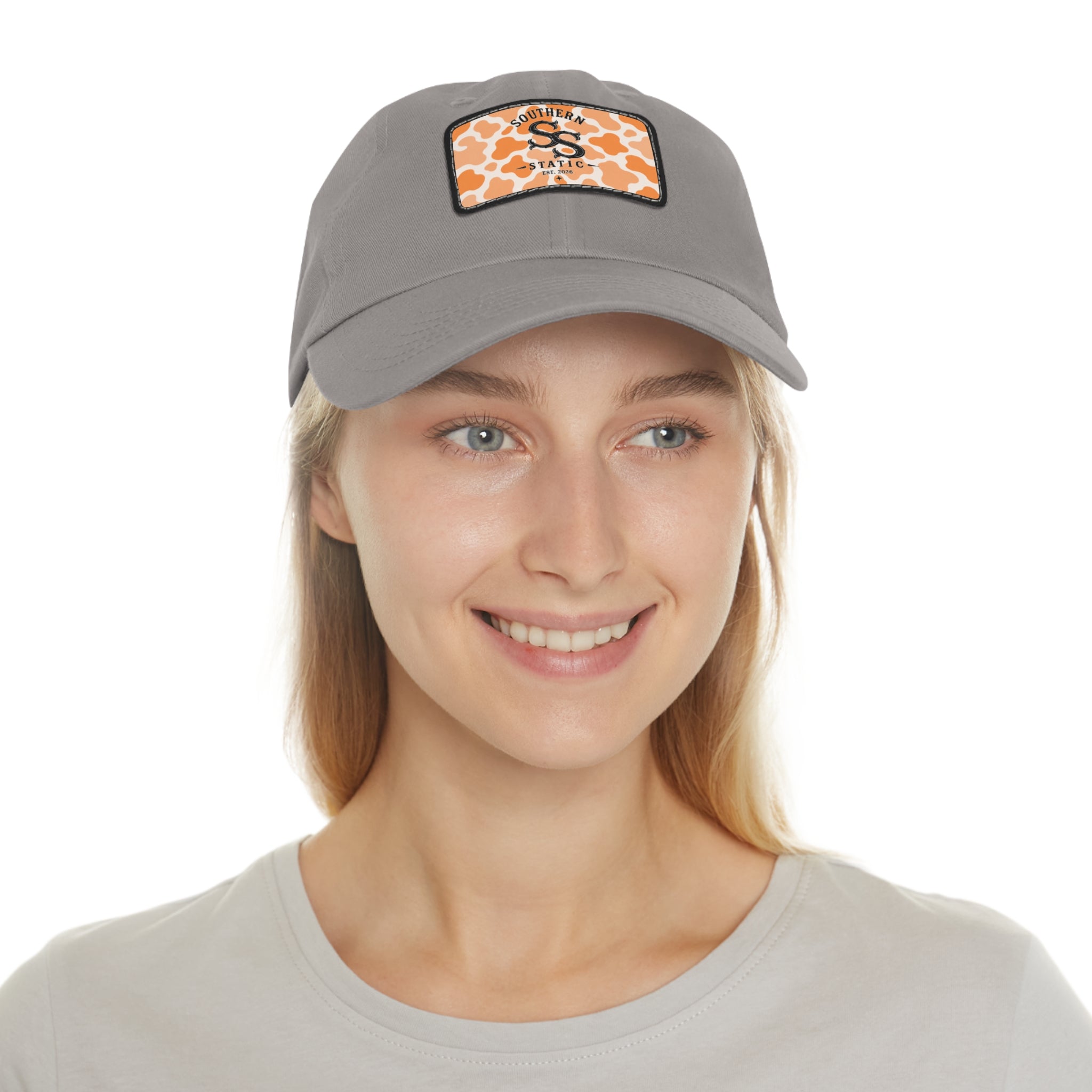 Leather Patch Dad Hat — Southern Static Monogram on Orange Camo