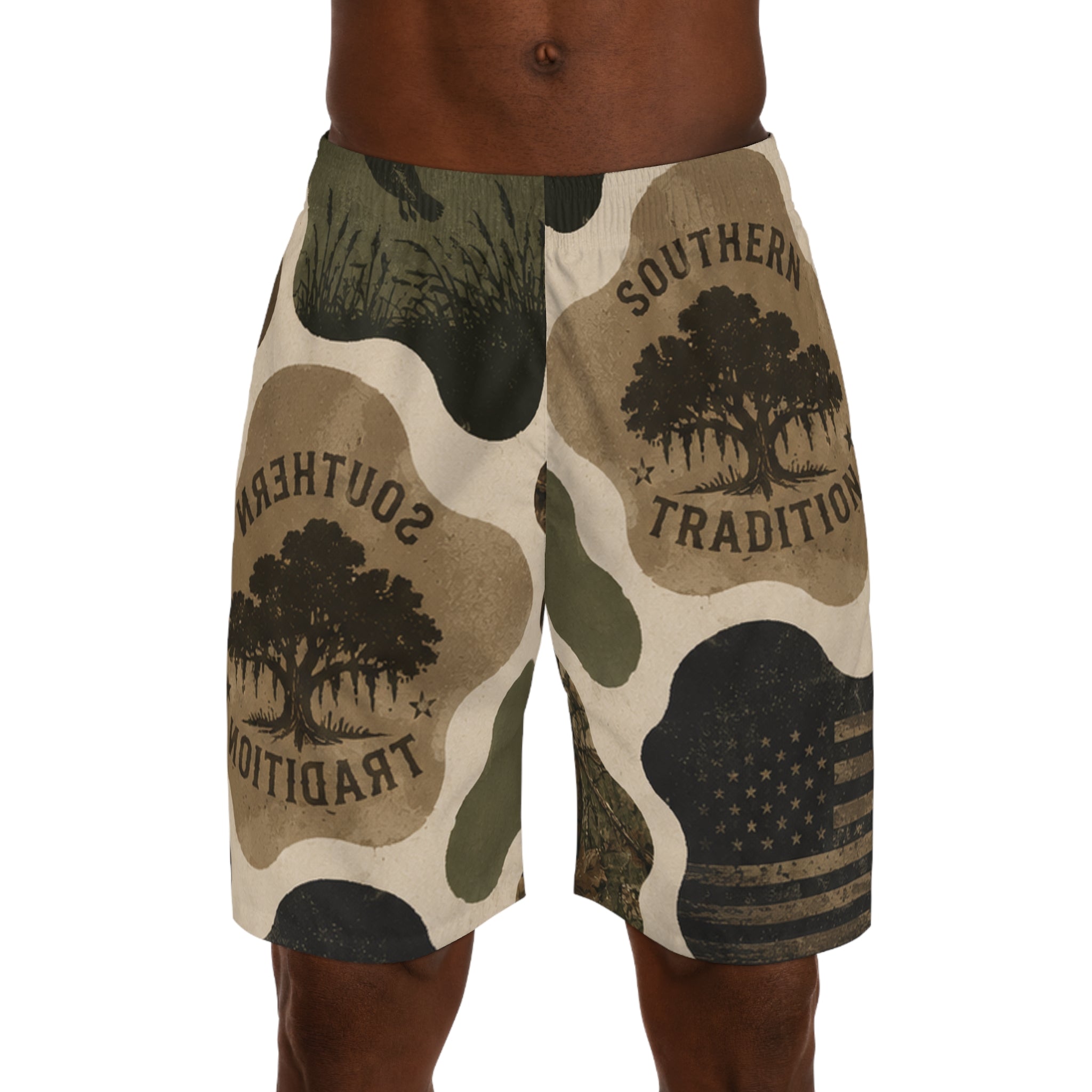 Southern Heritage All-Over Print Jogger Shorts — 'Born & Raised' Camo Patchwork
