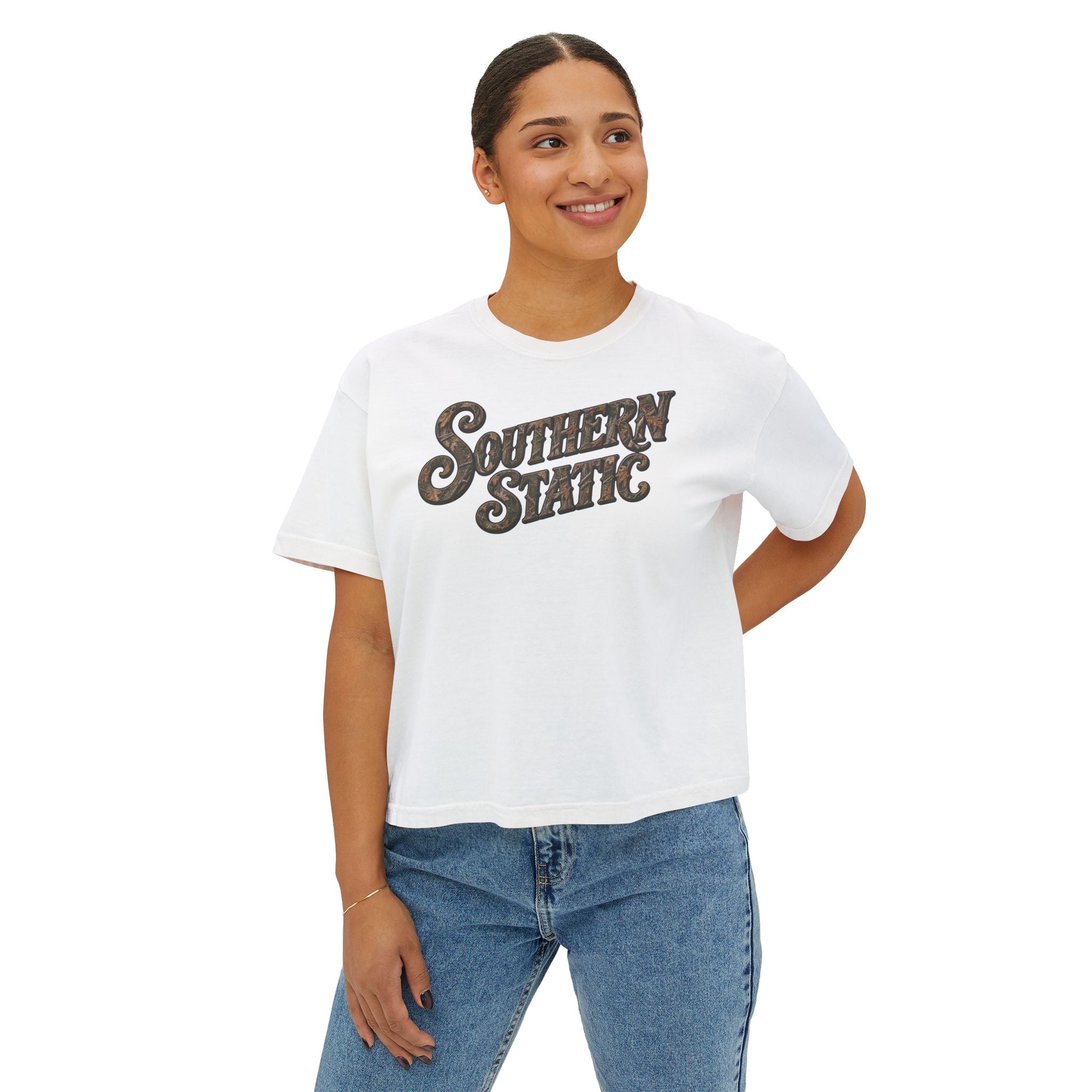 Southern Static Women's Boxy Tee – Retro Camo Script Logo