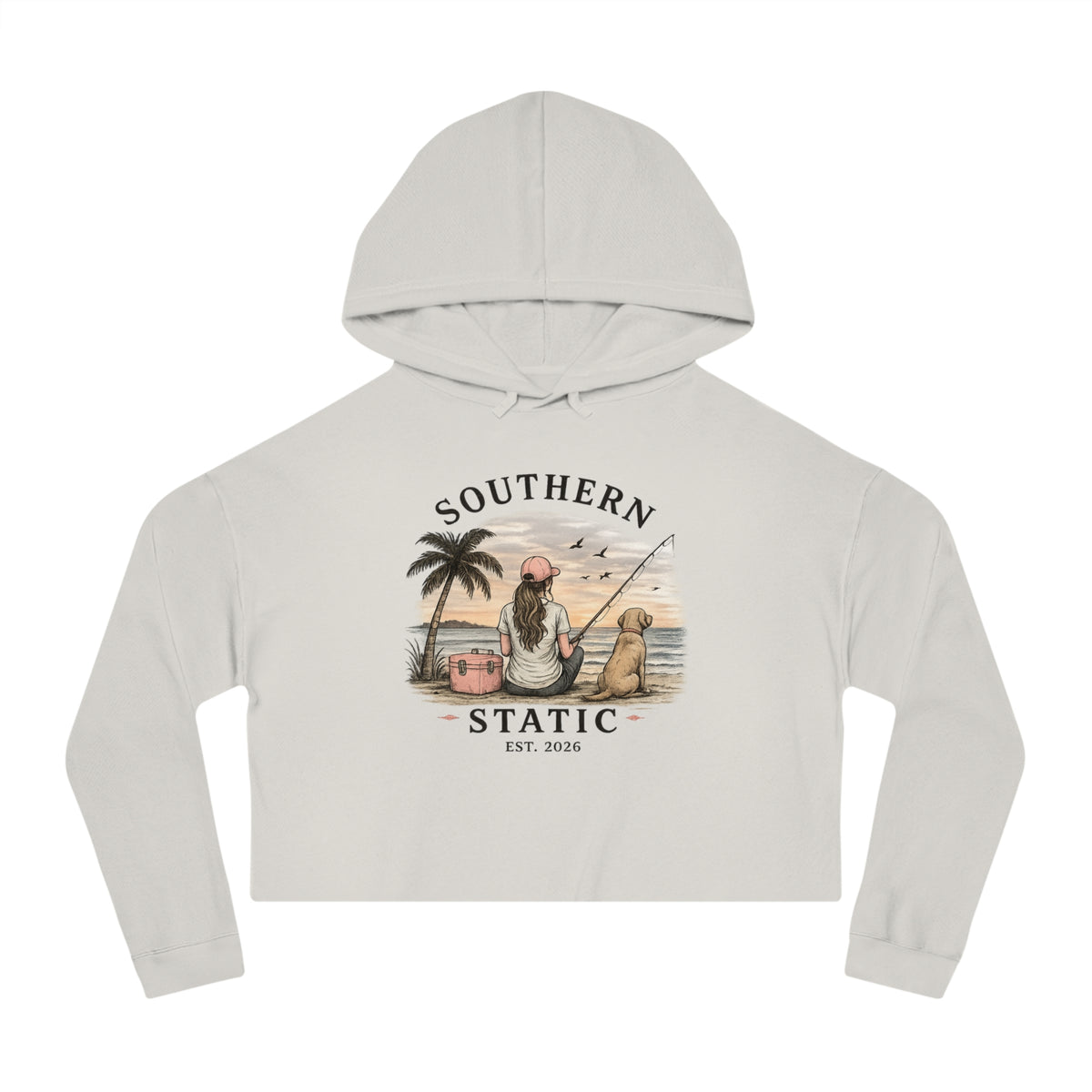 Southern Static Cropped Hoodie – Coastal Sunset Graphic